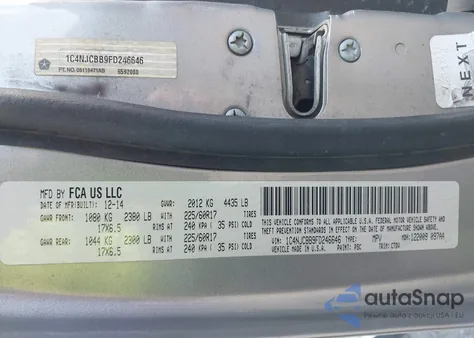 2015 Jeep Compass Sport z USA, uszkodzony, nr VIN 1C4NJCBB9FD246646